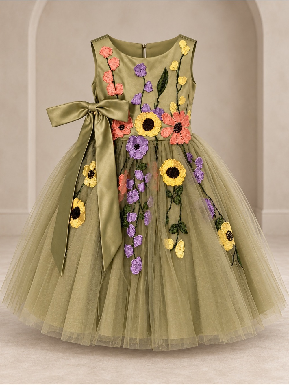 Olive Green Floral Appliqué Tulle Dress with Bow for Girls